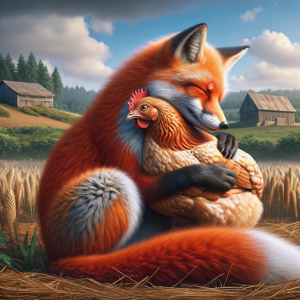 post-CRISPR fox and hen cohabiting