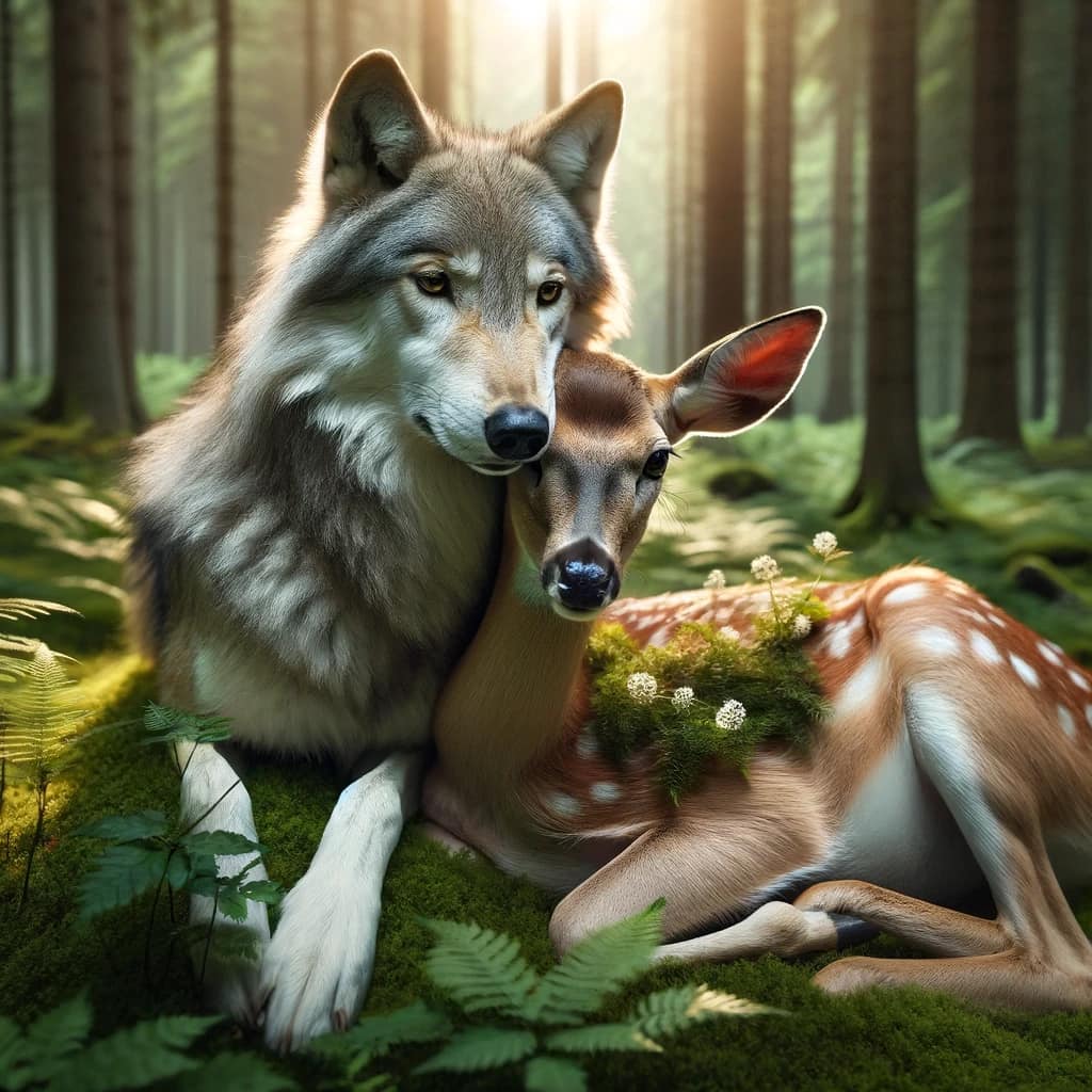 genetically reformed wolf lying down with fawn